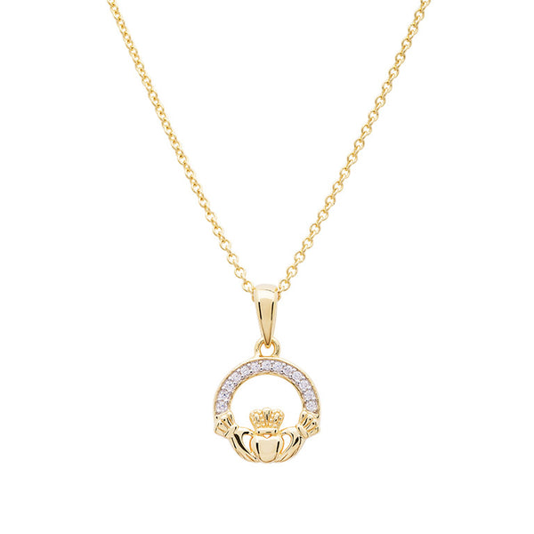 14KT Gold Vermeil Claddagh Necklace w/ White Cubic Zirconias