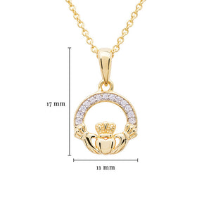 14KT Gold Vermeil Claddagh Necklace w/ White Cubic Zirconias