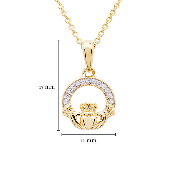14KT Gold Vermeil Claddagh Necklace w/ White Cubic Zirconias