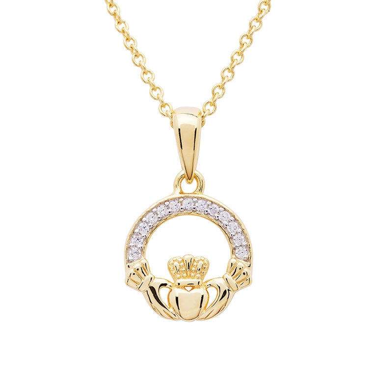 14KT Gold Vermeil Claddagh Necklace w/ White Cubic Zirconias