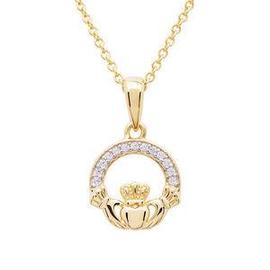 14KT Gold Vermeil Claddagh Necklace w/ White Cubic Zirconias
