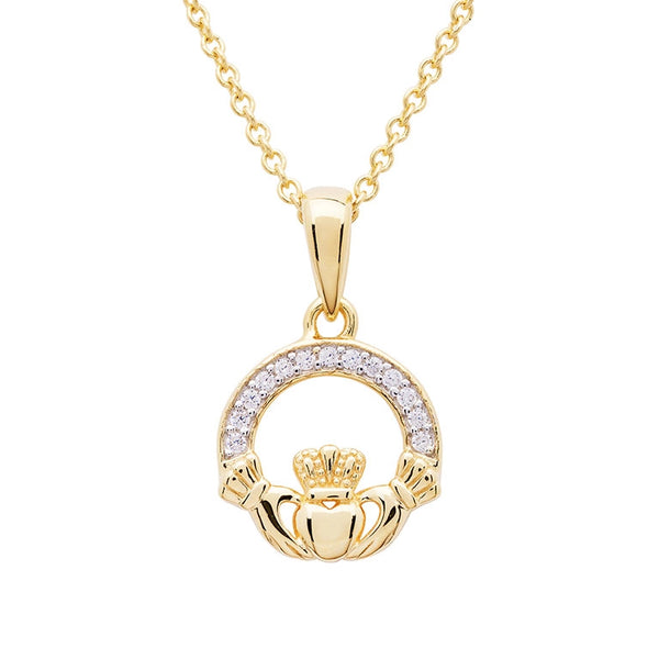14KT Gold Vermeil Claddagh Necklace w/ White Cubic Zirconias