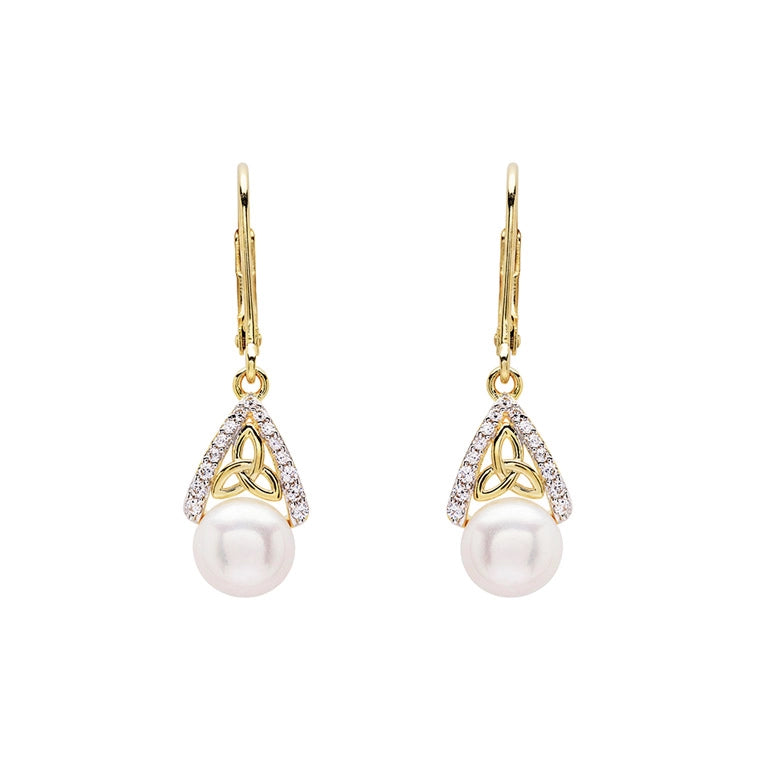 14KT Gold Vermeil Drop Pearl Celtic Trinity Knot Earrings