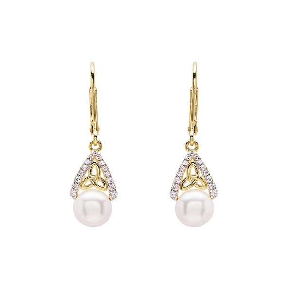 14KT Gold Vermeil Drop Pearl Celtic Trinity Knot Earrings