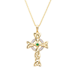 14KT Gold Vermeil Emerald Celtic Cross Necklace w/ White Cubic Zirconias