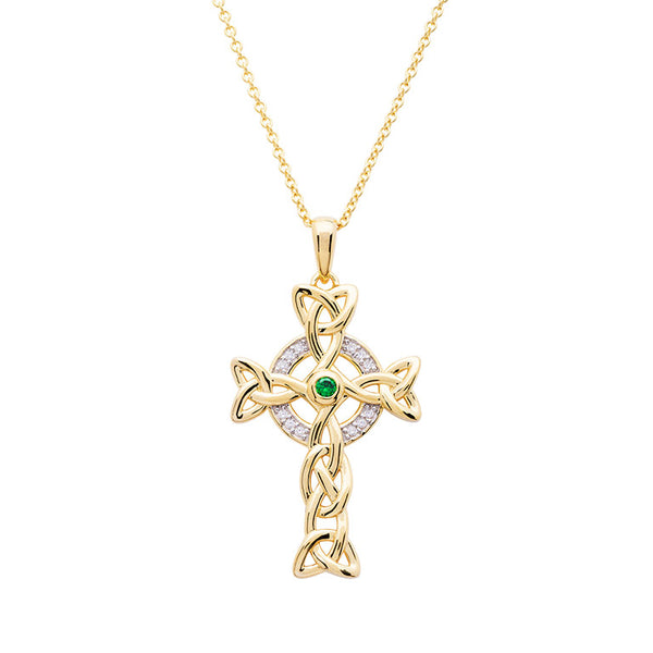 14KT Gold Vermeil Emerald Celtic Cross Necklace w/ White Cubic Zirconias