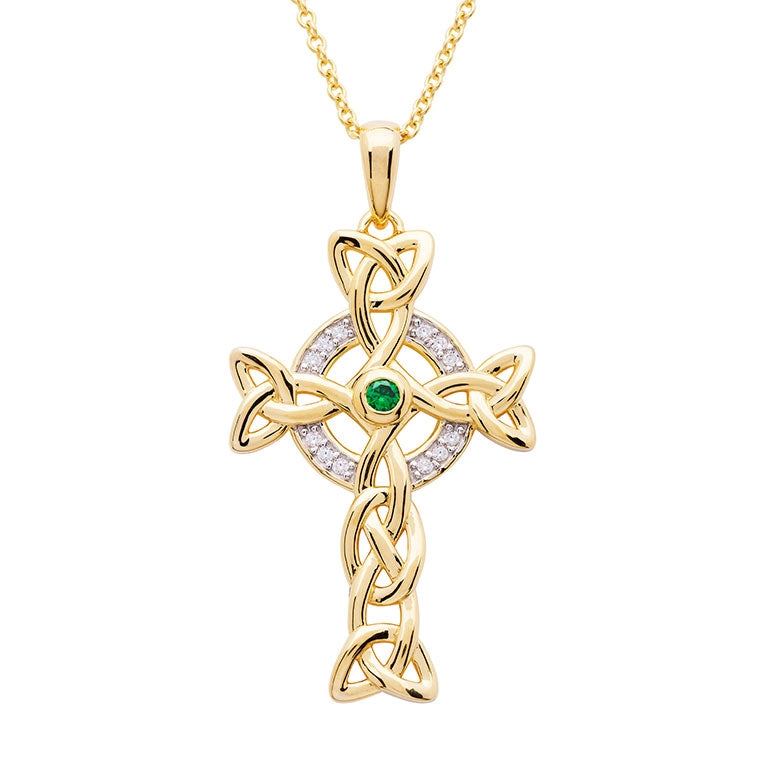 14KT Gold Vermeil Emerald Celtic Cross Necklace w/ White Cubic Zirconias
