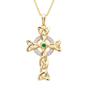 14KT Gold Vermeil Emerald Celtic Cross Necklace w/ White Cubic Zirconias
