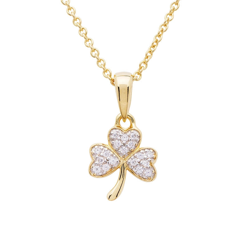 14KT Gold Vermeil Shamrock Necklace w/ White Cubic Zirconias
