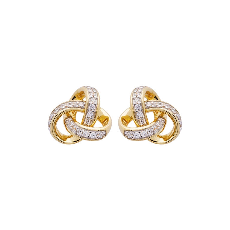 14KT Gold Vermeil Stud Celtic Knot Earrings w/ White Cubic Zirconias