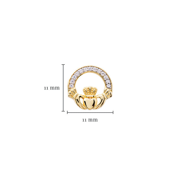 14KT Gold Vermeil Stud Claddagh Earrings w/ White Cubic Zirconias