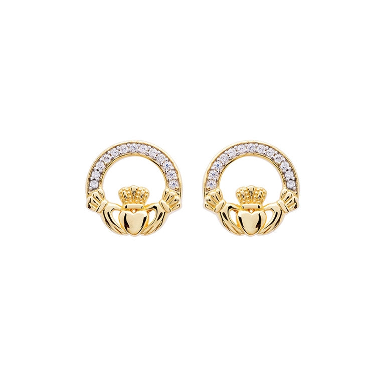 14KT Gold Vermeil Stud Claddagh Earrings w/ White Cubic Zirconias