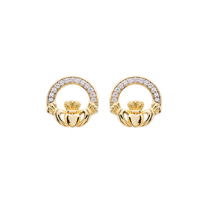 14KT Gold Vermeil Stud Claddagh Earrings w/ White Cubic Zirconias
