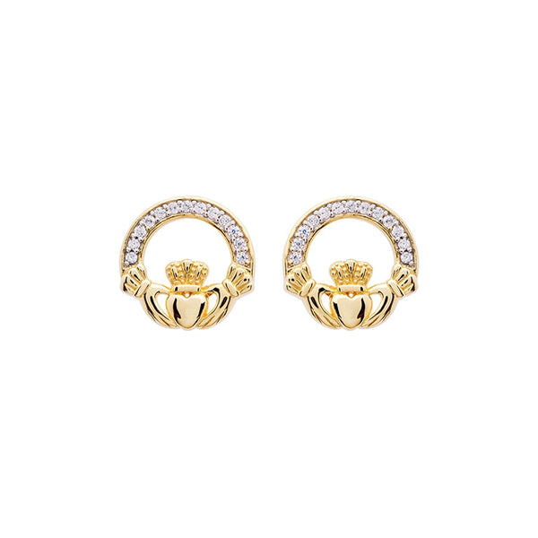 14KT Gold Vermeil Stud Claddagh Earrings w/ White Cubic Zirconias