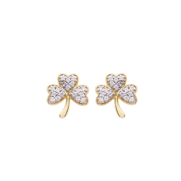 14KT Gold Vermeil Stud Shamrock Earrings w/ White Cubic Zirconias