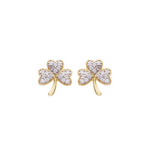 14KT Gold Vermeil Stud Shamrock Earrings w/ White Cubic Zirconias