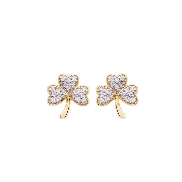 14KT Gold Vermeil Stud Shamrock Earrings w/ White Cubic Zirconias