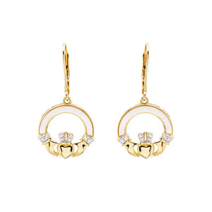 14kt Gold Vermeil Mother of Pearl Claddagh Earrings w/ White Cubic Zirconia