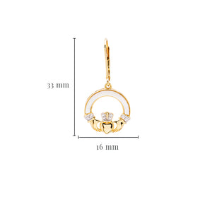 14kt Gold Vermeil Mother of Pearl Claddagh Earrings w/ White Cubic Zirconia