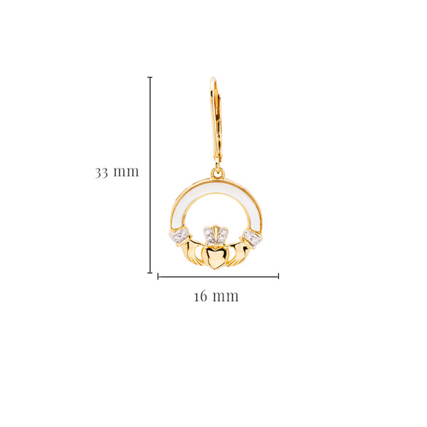 14kt Gold Vermeil Mother of Pearl Claddagh Earrings w/ White Cubic Zirconia