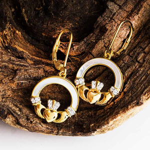14kt Gold Vermeil Mother of Pearl Claddagh Earrings w/ White Cubic Zirconia