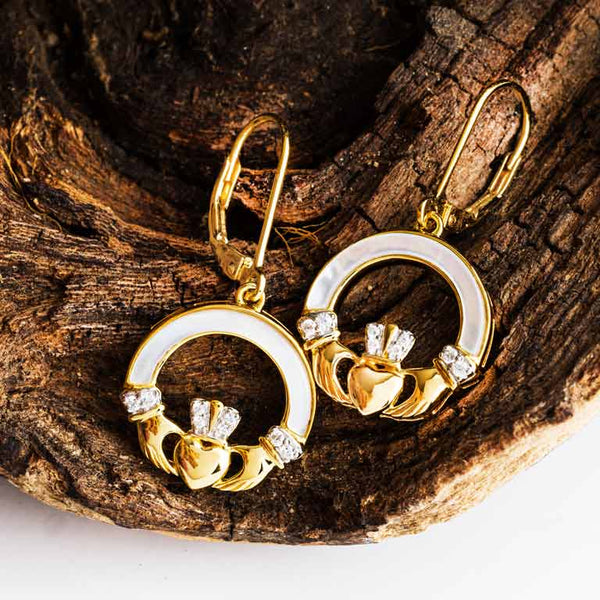 14kt Gold Vermeil Mother of Pearl Claddagh Earrings w/ White Cubic Zirconia