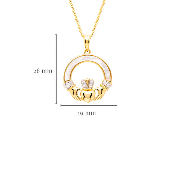14kt Gold Vermeil Mother of Pearl Claddagh Necklace w/ White Cubic Zirconia