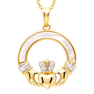 14kt Gold Vermeil Mother of Pearl Claddagh Necklace w/ White Cubic Zirconia