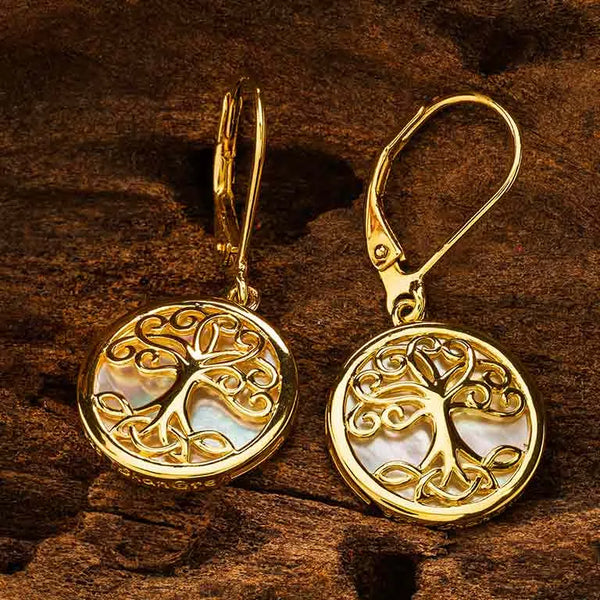 14kt Gold Vermeil Tree of Life Mother of Pearl Earrings
