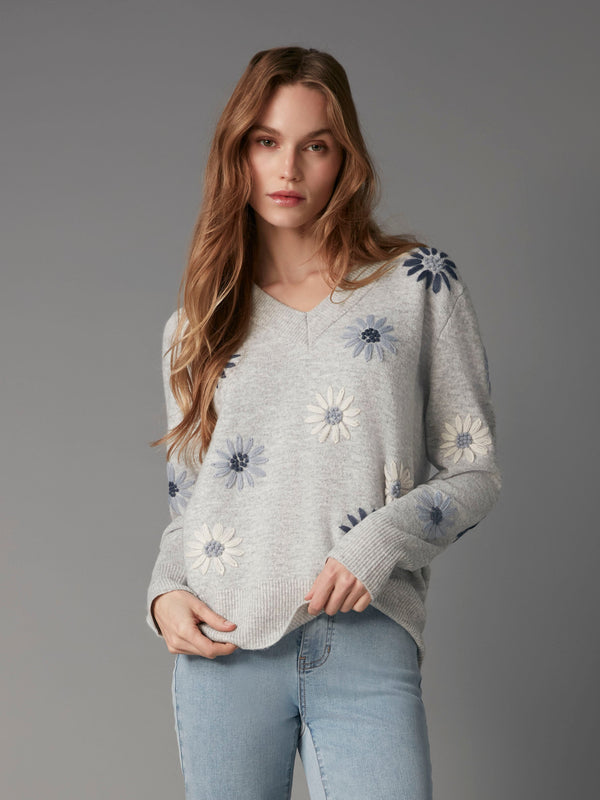Floral Embroidered V-Neck Sweater