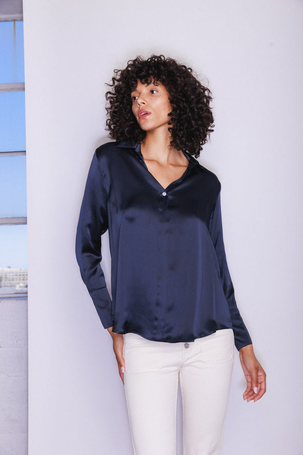 Daria French Cuff Silk Blouse - Midnight Navy