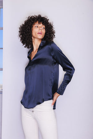 Daria French Cuff Silk Blouse - Midnight Navy