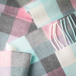 Irish Luxury Merino Wool Scarf - Aqua, Grey, Cream & Pink Block Check