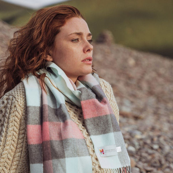 Irish Luxury Merino Wool Scarf - Aqua, Grey, Cream & Pink Block Check