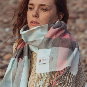 Irish Luxury Merino Wool Scarf - Aqua, Grey, Cream & Pink Block Check