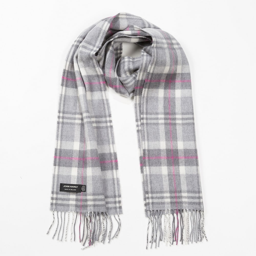 Irish Luxury Merino Wool Scarf - Pale Grey, White & Pink Check