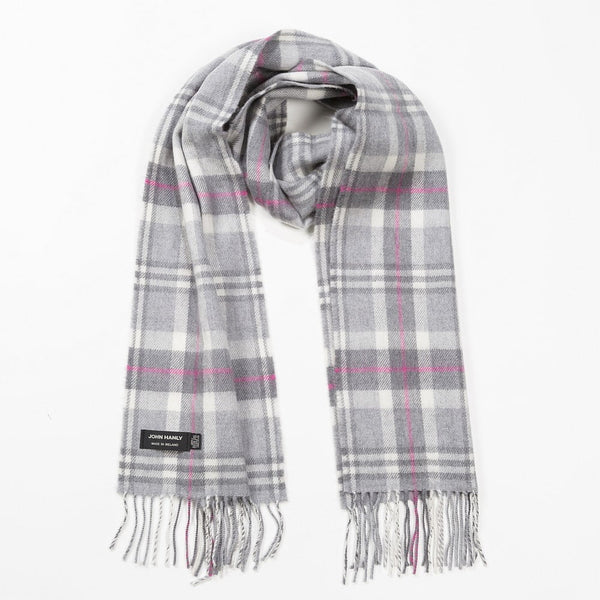 Irish Luxury Merino Wool Scarf - Pale Grey, White & Pink Check