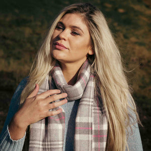 Irish Luxury Merino Wool Scarf - Pale Grey, White & Pink Check