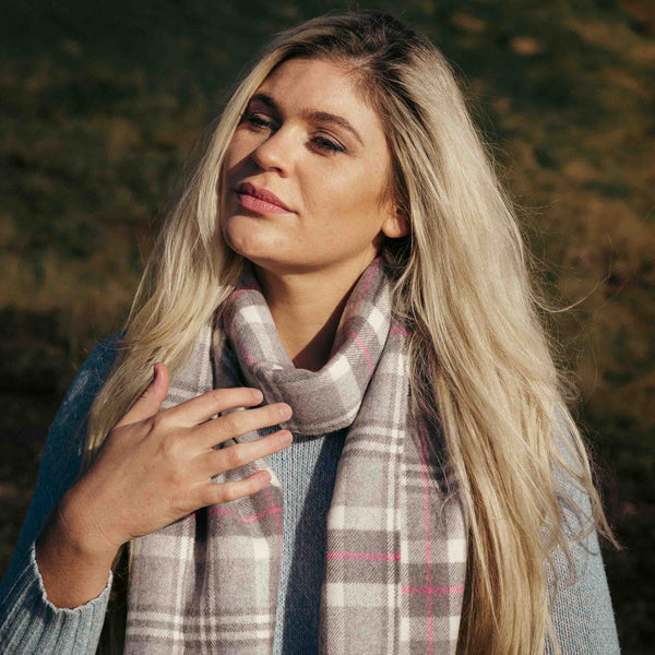 Irish Luxury Merino Wool Scarf - Pale Grey, White & Pink Check
