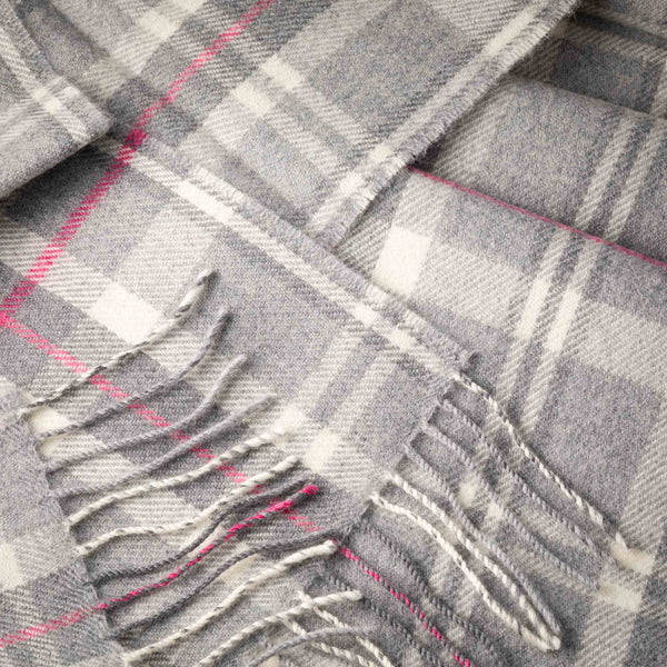 Irish Luxury Merino Wool Scarf - Pale Grey, White & Pink Check
