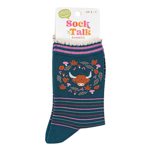 Women's Bamboo Socks - Green/Pink, Highland Cow Wreath: UK 3-7 | EU 36-40 | US 5-9