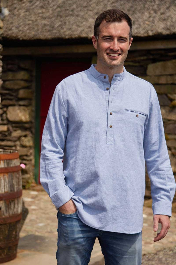 Flannel Grandfather Shirt - Solid Blue
