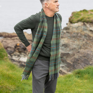 100% Irish Lambswool Scarf - Green w/ Red Over Check Plaid