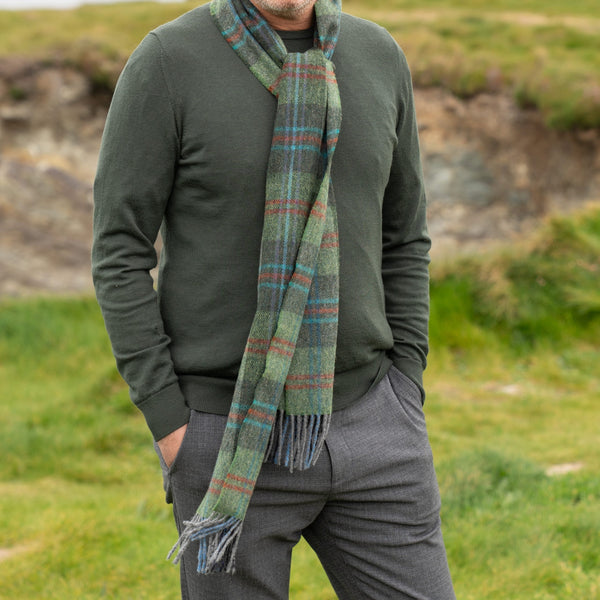 100% Irish Lambswool Scarf - Green w/ Red Over Check Plaid