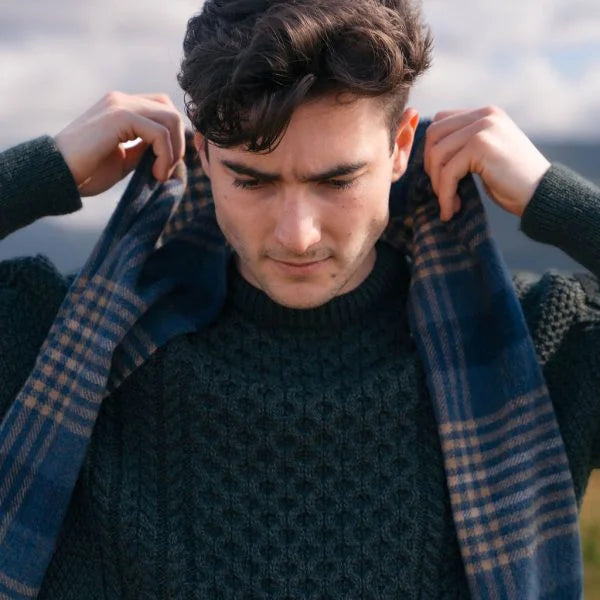 100% Irish Lambswool Long Scarf - Denim, Navy & Beige Block Check