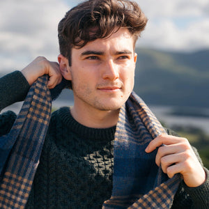 100% Irish Lambswool Long Scarf - Denim, Navy & Beige Block Check