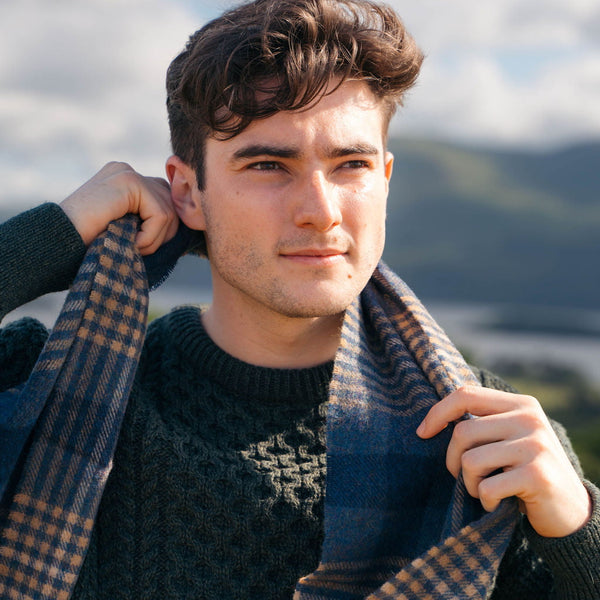 100% Irish Lambswool Long Scarf - Denim, Navy & Beige Block Check