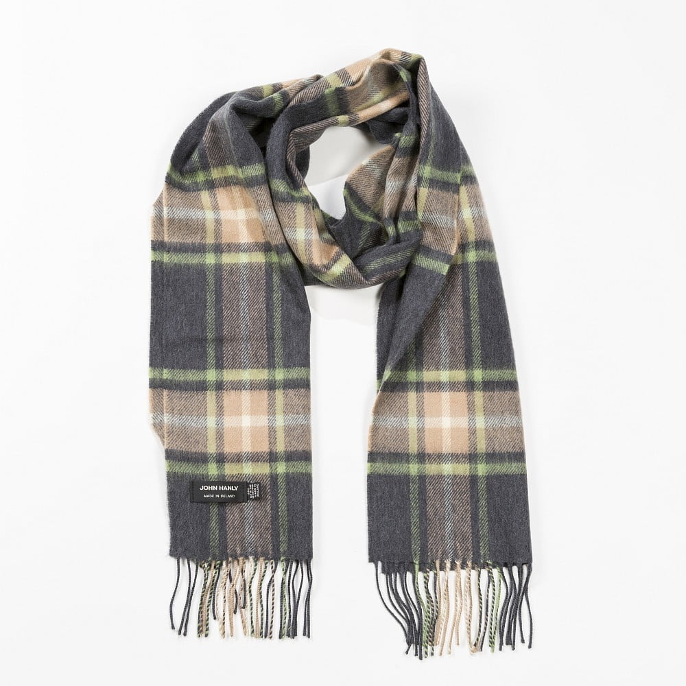 Irish Luxury Merino Wool Scarf - Grey. Beige & Light Green Check