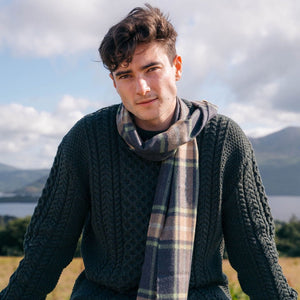 Irish Luxury Merino Wool Scarf - Grey. Beige & Light Green Check
