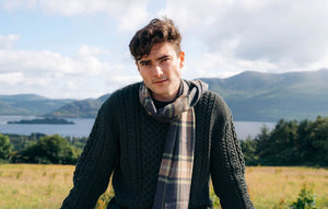 Irish Luxury Merino Wool Scarf - Grey. Beige & Light Green Check